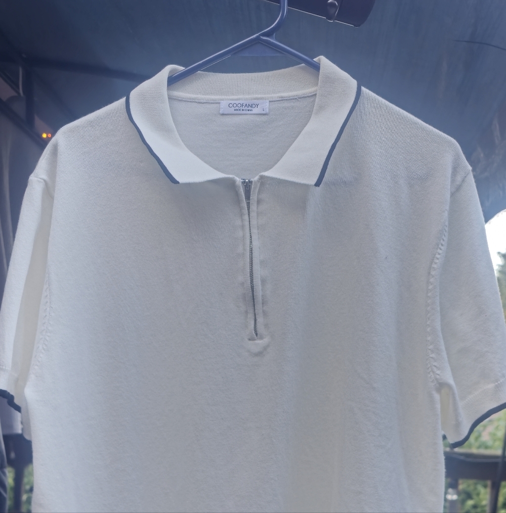 Cooandy Men's Cream Polo Shirt with Black Trim